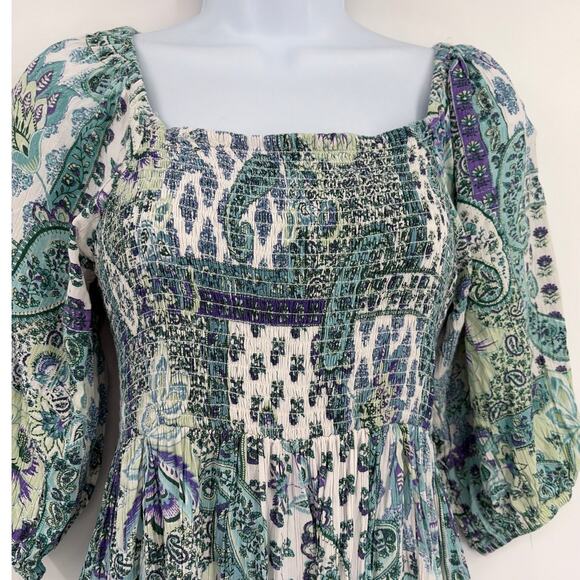 Angie Boho Milkmaid Dress Sz M Cottagecore Romantic Smocked Fairy Grungel Hi-Low - Picture 3 of 9